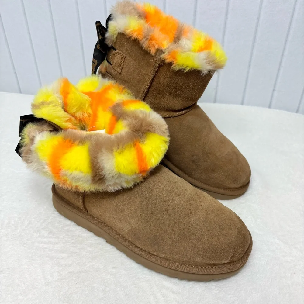 UGG CLASSIC MINI‎ BAILEY BOW PUNK PLAID CHESTNUT BOOTS Vibrant Fur Lining Size 9
